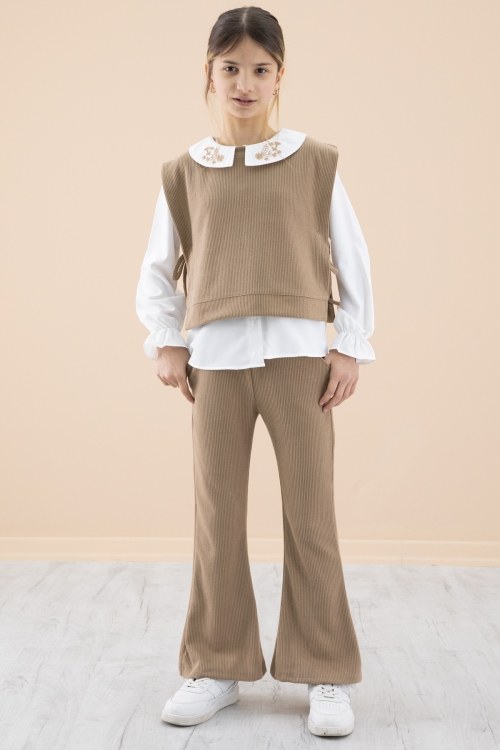 Kahve Yakası Nakışlı Gömlekli Süveterli Kız Çocuk 3lü Takım 20267