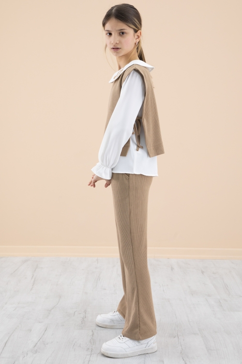 Kahve Yakası Nakışlı Gömlekli Süveterli Kız Çocuk 3lü Takım 20267