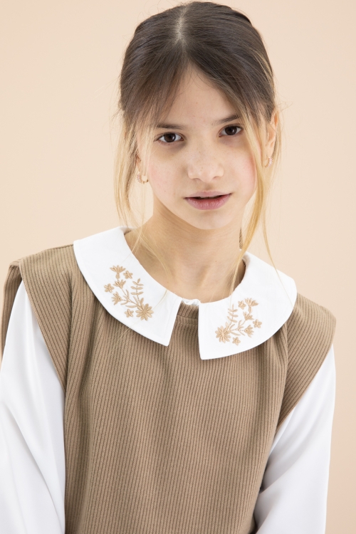 Kahve Yakası Nakışlı Gömlekli Süveterli Kız Çocuk 3lü Takım 20267