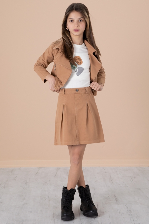 Kahve Yan Fermuarlı Jean Ceketli 3lü Etekli Kız Çocuk Takım 20201