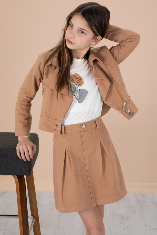 Kahve Yan Fermuarlı Jean Ceketli 3lü Etekli Kız Çocuk Takım 20201