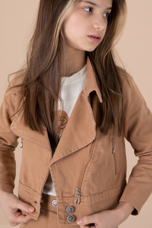 Kahve Yan Fermuarlı Jean Ceketli 3lü Etekli Kız Çocuk Takım 20201