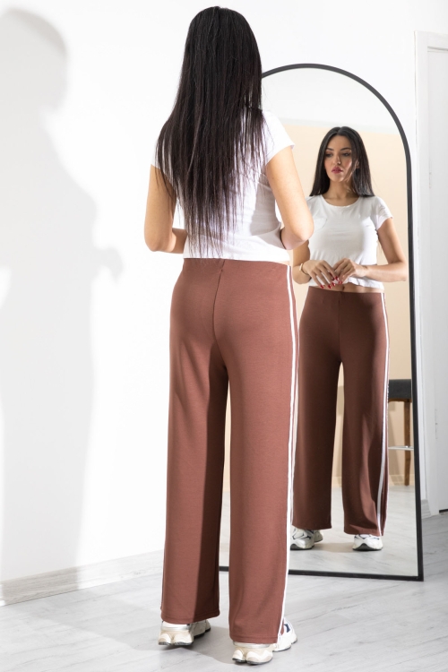 Kahve Yanları Şeritli Geniş Paça Kadın Eşofman Altı 20368