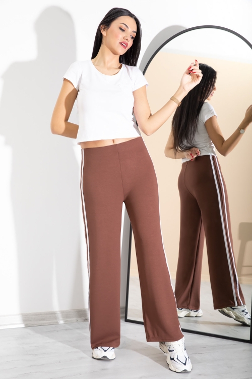 Kahve Yanları Şeritli Geniş Paça Kadın Eşofman Altı 20368