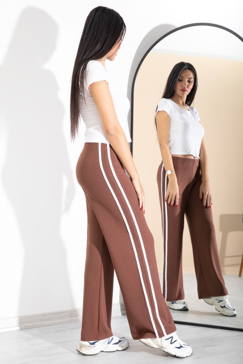 Kahve Yanları Şeritli Geniş Paça Kadın Eşofman Altı 20368