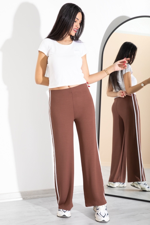 Kahve Yanları Şeritli Geniş Paça Kadın Eşofman Altı 20368