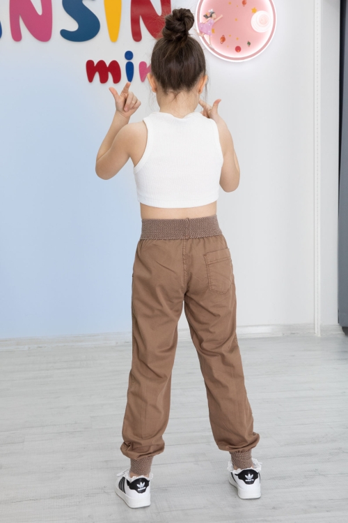 Kahverengi Bel ve Paçası Ribanalı Kız Çocuk Pantolon 20476