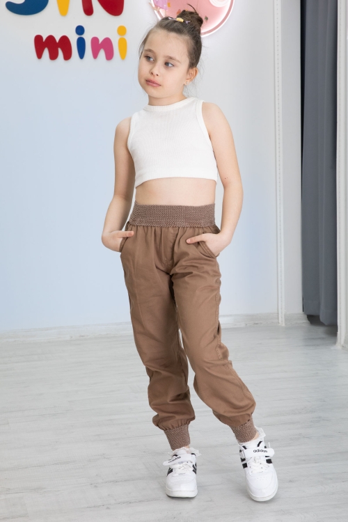 Kahverengi Bel ve Paçası Ribanalı Kız Çocuk Pantolon 20476