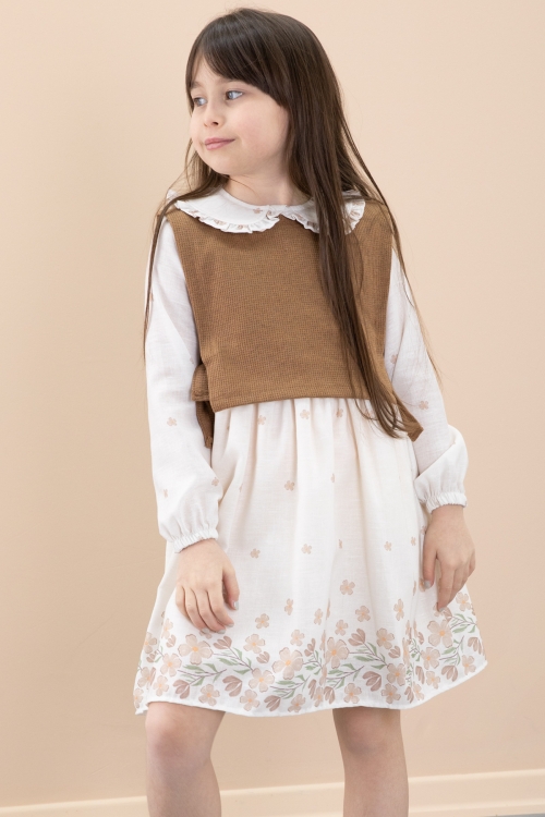 Kahverengi Çiçek Desenli Yandan Bağlamalı Süveterli Kız Çocuk Elbise 20487