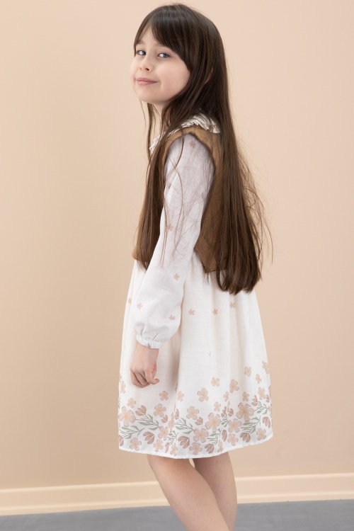 Kahverengi Çiçek Desenli Yandan Bağlamalı Süveterli Kız Çocuk Elbise 20487