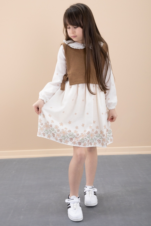 Kahverengi Çiçek Desenli Yandan Bağlamalı Süveterli Kız Çocuk Elbise 20487