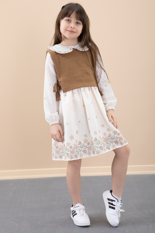 Kahverengi Çiçek Desenli Yandan Bağlamalı Süveterli Kız Çocuk Elbise 20487
