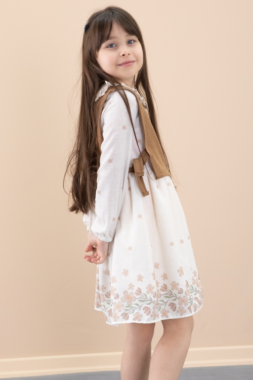 Kahverengi Çiçek Desenli Yandan Bağlamalı Süveterli Kız Çocuk Elbise 20487