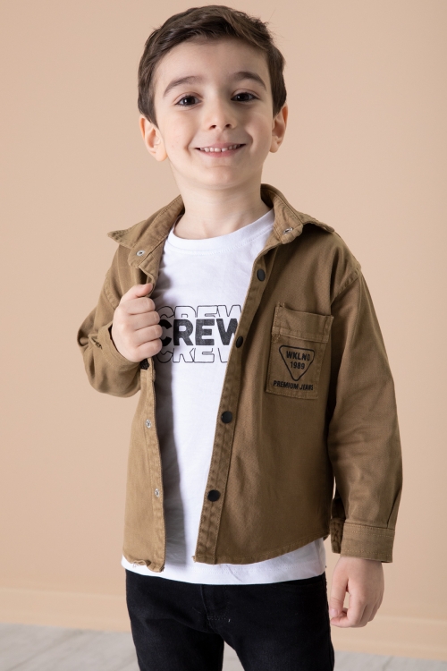 Erkek Çocuk Kahverengi Crew Yazılı Tişörtlü ve File Detaylı Gömlekli 2li Takım 20086