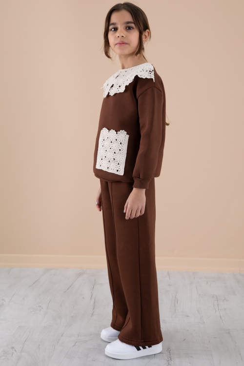 Kahverengi Dantel Yakalı Şardonlu Kız Çocuk Eşofman Takımı 20241