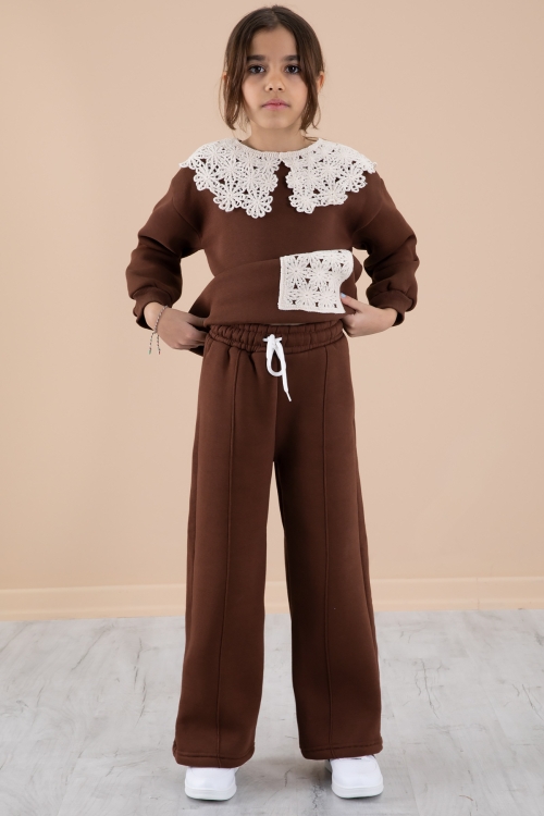 Kahverengi Dantel Yakalı Şardonlu Kız Çocuk Eşofman Takımı 20241