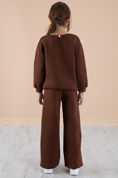 Kahverengi Dantel Yakalı Şardonlu Kız Çocuk Eşofman Takımı 20241