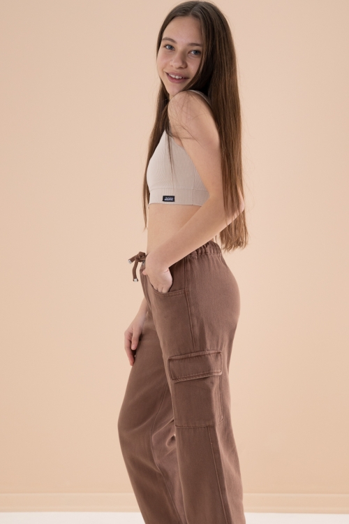 Kahverengi Geniş Paça Beli Bağcıklı Kız Çocuk Kargo Cepli Jean Pantolon 20135