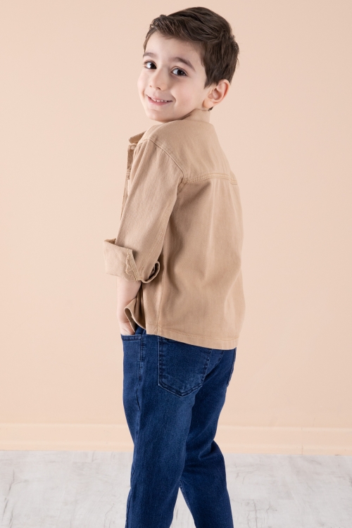 Kahverengi Jean Ceket Yazı Baskılı Erkek Çocuk Pantolonlu 3lü Takım 20313