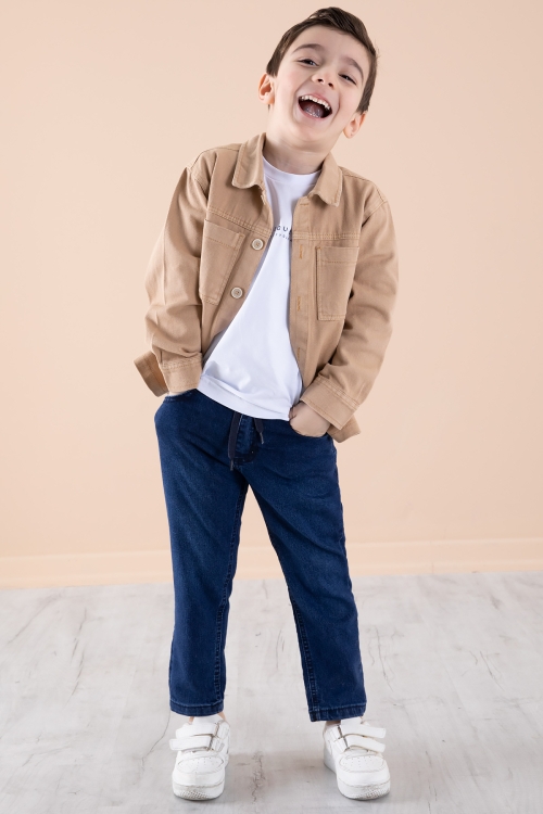 Kahverengi Jean Ceket Yazı Baskılı Erkek Çocuk Pantolonlu 3lü Takım 20313