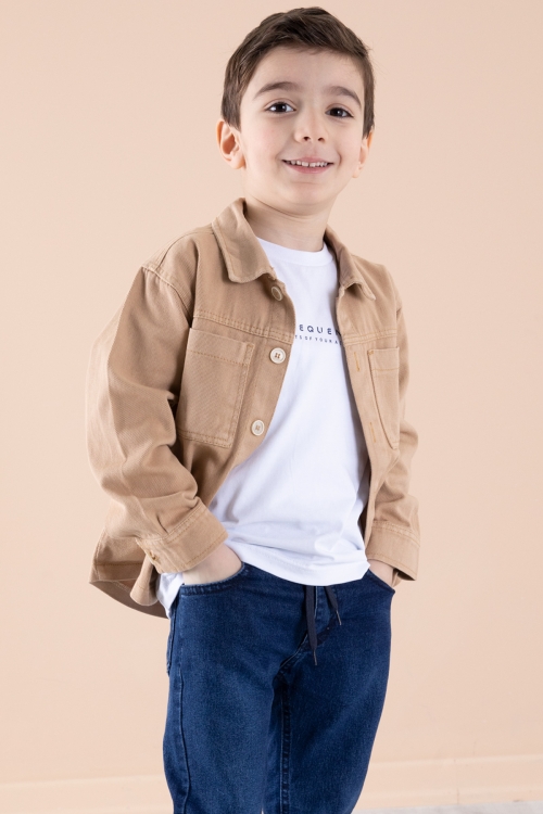 Kahverengi Jean Ceket Yazı Baskılı Erkek Çocuk Pantolonlu 3lü Takım 20313