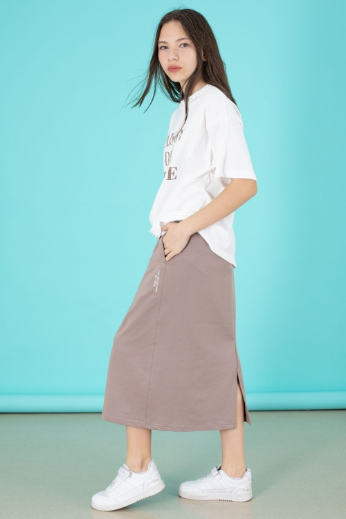 Kahverengi Kız Çocuk Etekli Baskılı Tişörtlü Takım 20507