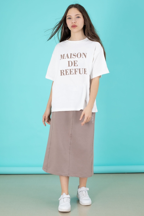 Kahverengi Kız Çocuk Etekli Baskılı Tişörtlü Takım 20507