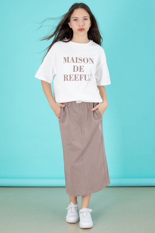 Kahverengi Kız Çocuk Etekli Baskılı Tişörtlü Takım 20507