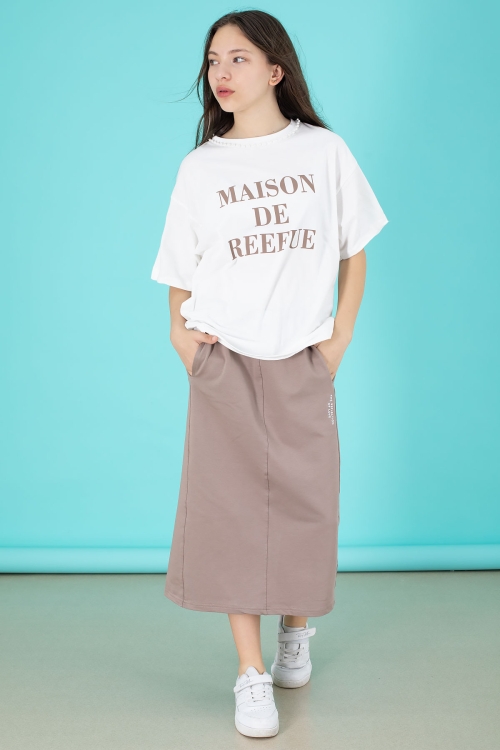 Kahverengi Kız Çocuk Etekli Baskılı Tişörtlü Takım 20507