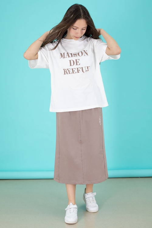 Kahverengi Kız Çocuk Etekli Baskılı Tişörtlü Takım 20507