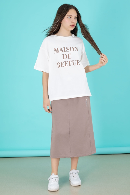 Kahverengi Kız Çocuk Etekli Baskılı Tişörtlü Takım 20507