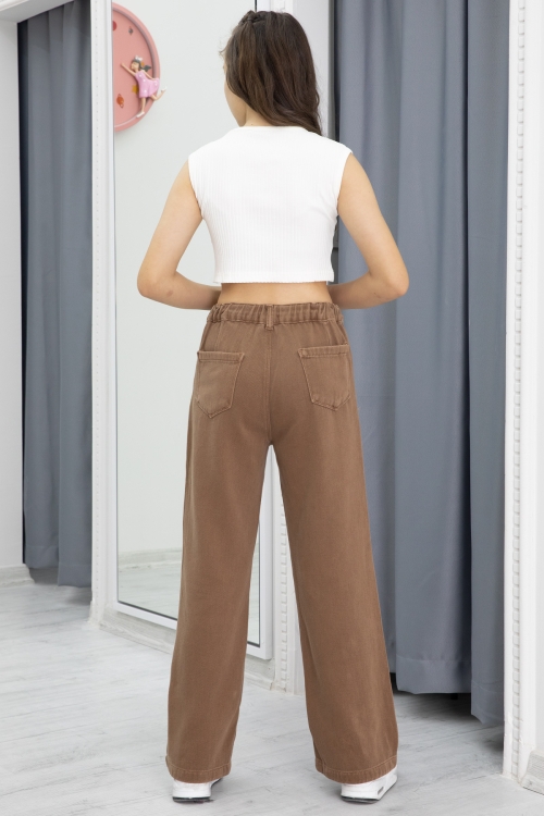 Kahverengi Nakış Detay Geniş Paça Kız Çocuk Jean Pantolon 20298