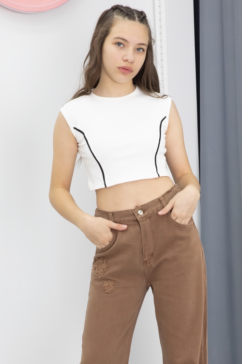 Kahverengi Nakış Detay Geniş Paça Kız Çocuk Jean Pantolon 20298