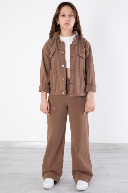 Kahverengi Nakış Detaylı Jean Pantolonlu ve Ceketli Kız Çocuk Takım 20364