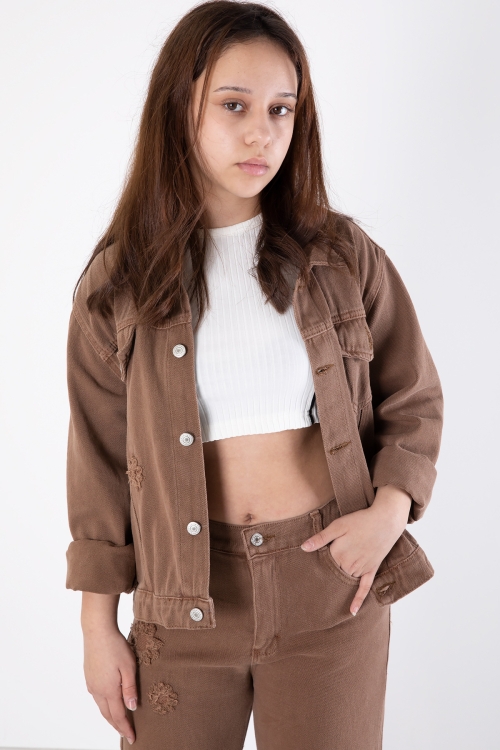 Kahverengi Nakış Detaylı Jean Pantolonlu ve Ceketli Kız Çocuk Takım 20364