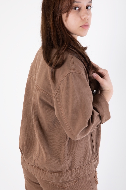 Kahverengi Nakış Detaylı Jean Pantolonlu ve Ceketli Kız Çocuk Takım 20364