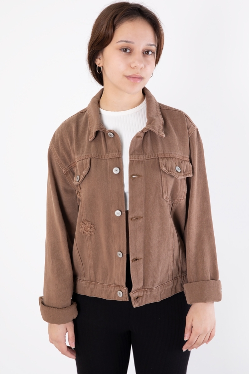 Kahverengi Ön Cepli Nakış Detaylı Kız Çocuk Jean Ceket 20360
