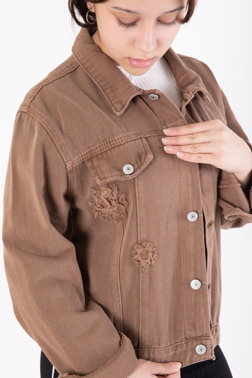 Kahverengi Ön Cepli Nakış Detaylı Kız Çocuk Jean Ceket 20360