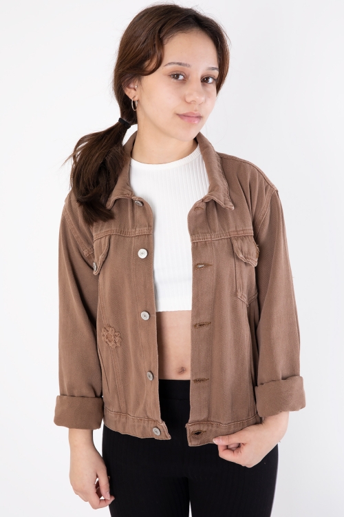 Kahverengi Ön Cepli Nakış Detaylı Kız Çocuk Jean Ceket 20360