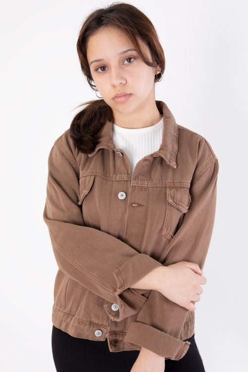 Kahverengi Ön Cepli Nakış Detaylı Kız Çocuk Jean Ceket 20360