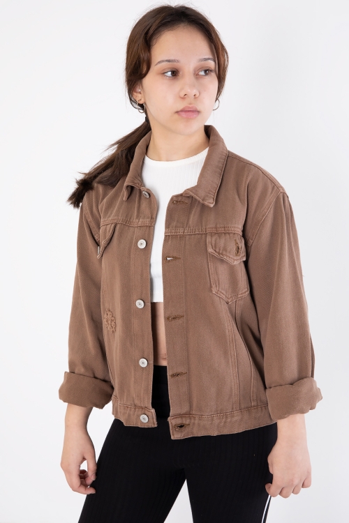 Kahverengi Ön Cepli Nakış Detaylı Kız Çocuk Jean Ceket 20360