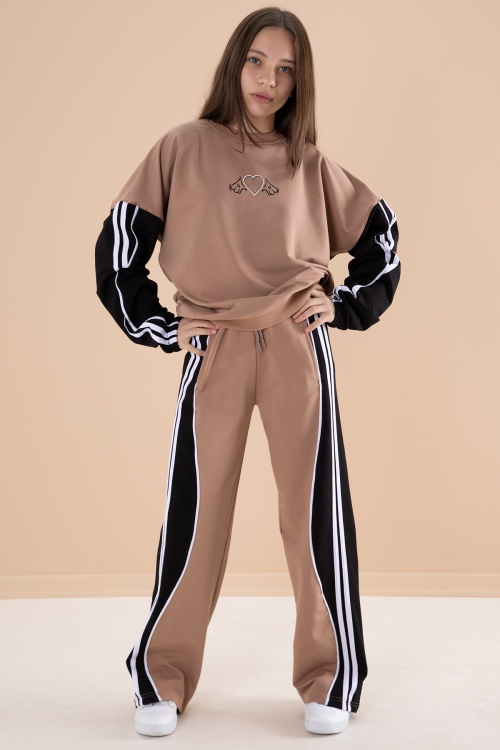 Kahverengi Yanları Çizgili Kız Çocuk 2li Takım 20104