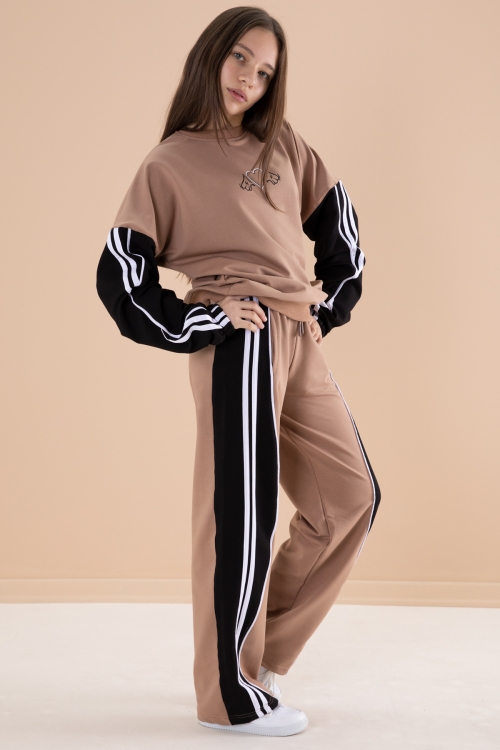 Kahverengi Yanları Çizgili Kız Çocuk 2li Takım 20104