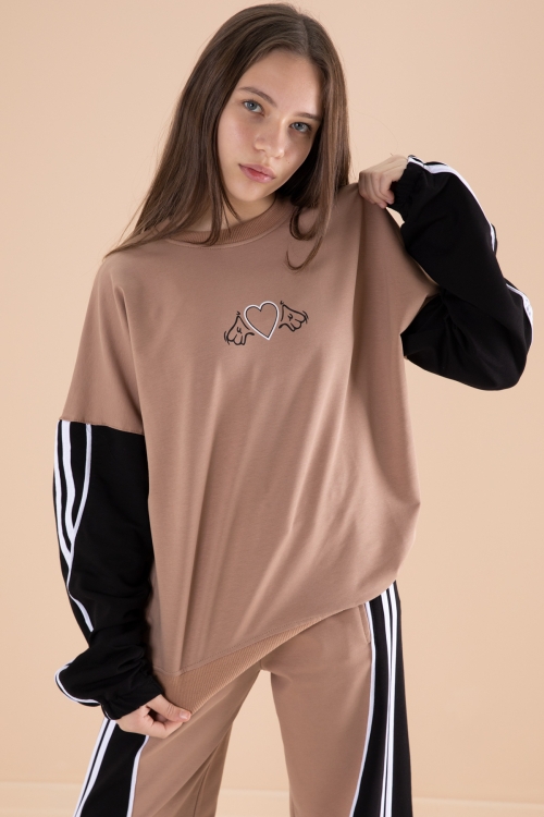 Kahverengi Yanları Çizgili Kız Çocuk 2li Takım 20104