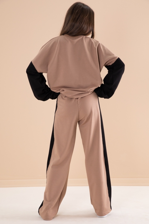 Kahverengi Yanları Çizgili Kız Çocuk 2li Takım 20104