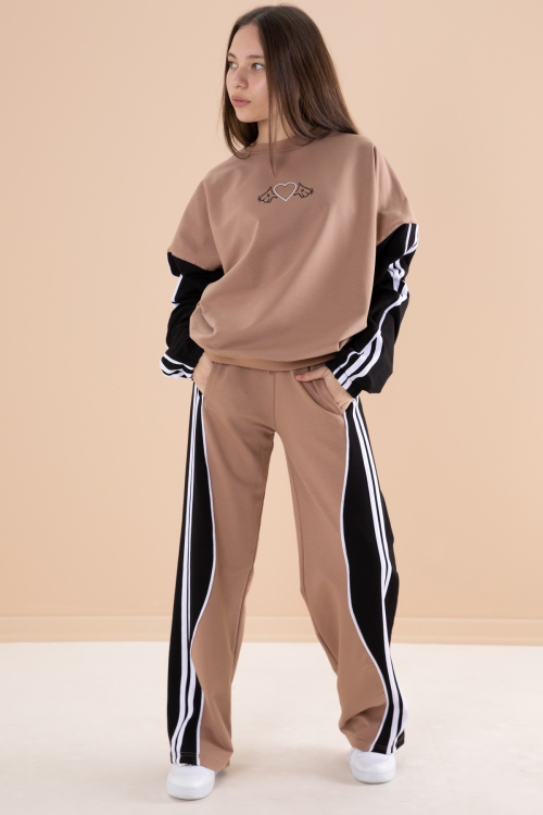 Kahverengi Yanları Çizgili Kız Çocuk 2li Takım 20104