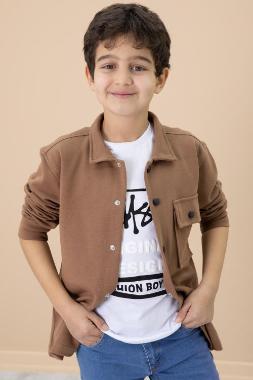 Kahverengi Yazı Baskılı Tişörtlü Gömlekli Erkek Çocuk Takım 20006