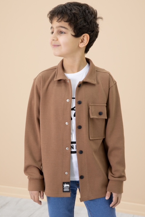 Kahverengi Yazı Baskılı Tişörtlü Gömlekli Erkek Çocuk Takım 20006