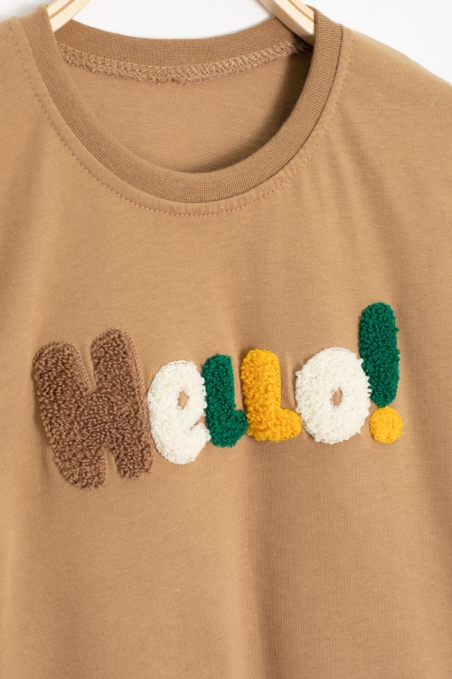 Kahverengi Yazı Nakışlı Kısa Kol Tişörtlü Erkek Çocuk Şortlu Takım 20589