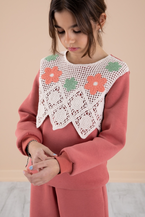 Kiremit Dantel İşlemeli Şardonlu Geniş Paça Kız Çocuk Eşofman Takımı 20239